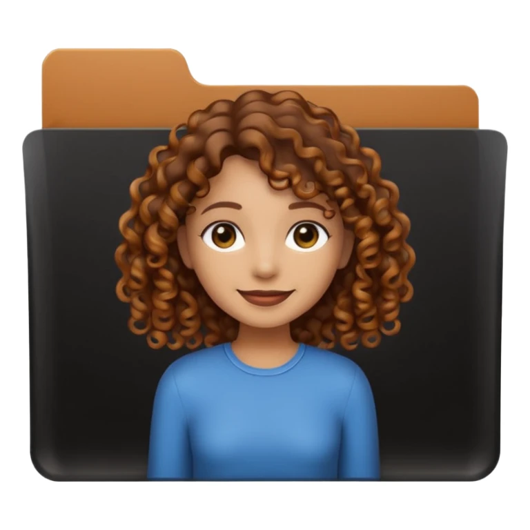 A **simple emoji-style icon** of a **black transparent plastic folder**, sleek and minimal, with **rounded corners**, subtle translucency, soft shading, and a **small illustrated logo of a canela-skinned girl with natural curly hair and a warm smile**, simplified and icon-like.
 sticker