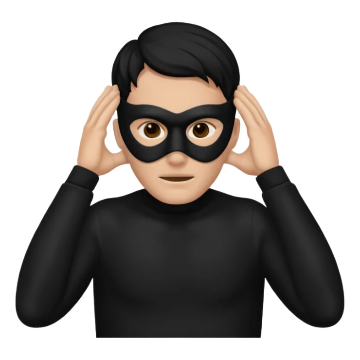 a man in a black mask without eyes and a mouth covers his ears sticker