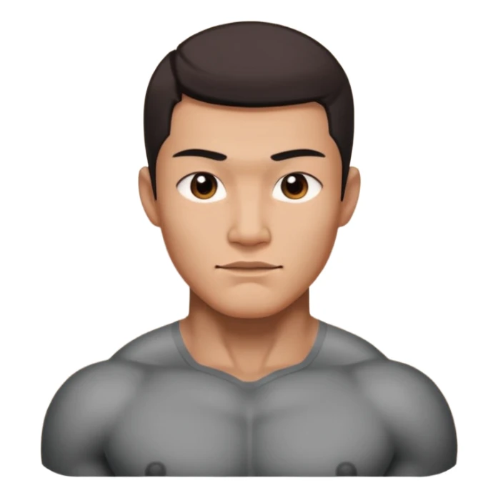 A standing buff shirtless asian guy with a really square jawline. Make his jawline extremely square and exaggerated. Also give him a middle part haircut. Give him a block square head sticker