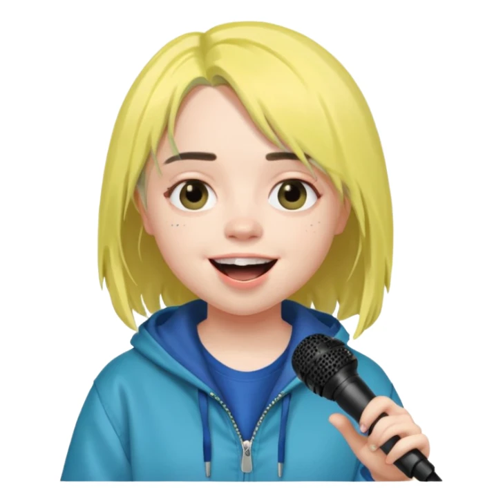 billie eilish is singing, holding mirco and smile sticker