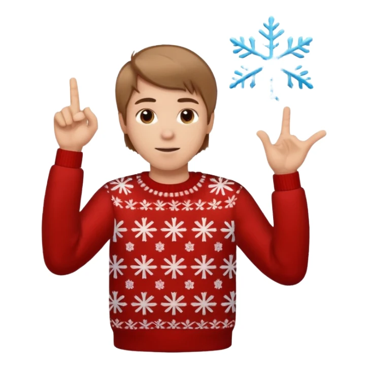 A guy pointing up with one hand and he has a christmas sweater with snowflakes in it. He has brown light hair. sticker