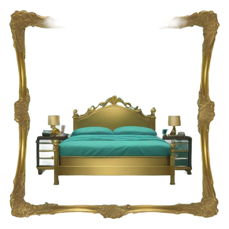 eighties bed with teal sheets and gold brass frame sticker