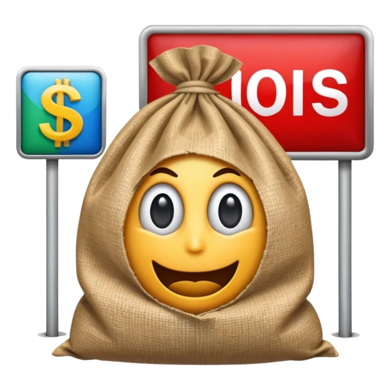 a sack of money in front of a billboard advertisement sticker