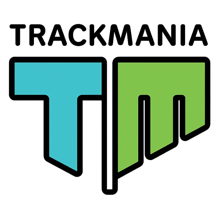 'Trackmania' word in bold modern font above a stylized 'T' and 'M' split vertically down the middle, icon-color-outlined style logo sticker