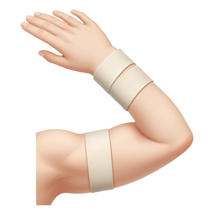 Arm with bandage around elbow showing tendon pain sticker
