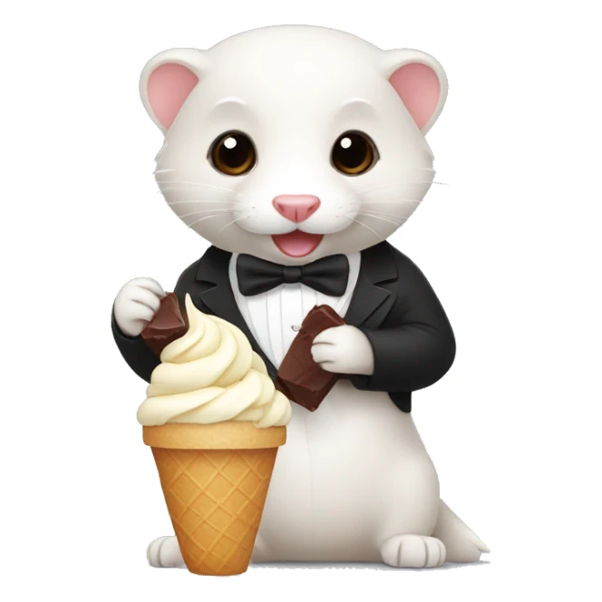 A ferret wearing a tuxedo eating chocolate ice cream sticker