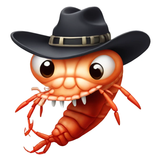 Shrimp with a cowboy hat and vampire fangs sticker