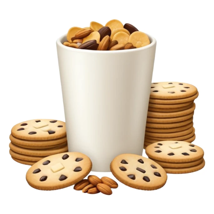 3D minimal icon with a variety of snacks (chips, cookies, crackers, nuts) arranged abundantly, plus a small neutral cup (not a soda cup). Include a subtle accent in #FF3D00. Clean and modern style. sticker