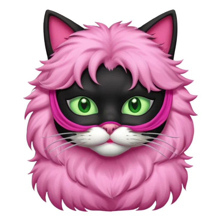 a black cat with pink mask and shirt, half upon
 sticker
