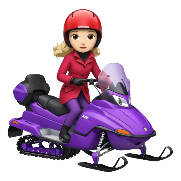 Woman wearing red coat  on purple snowmobile sticker