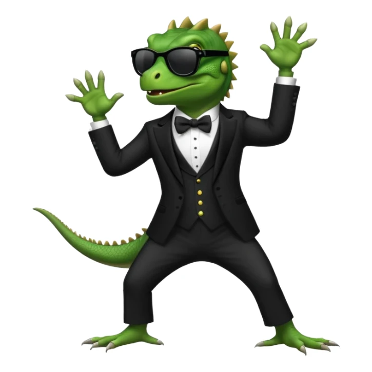 capitalist iguana in tuxedo with black sunglasses dancing sticker