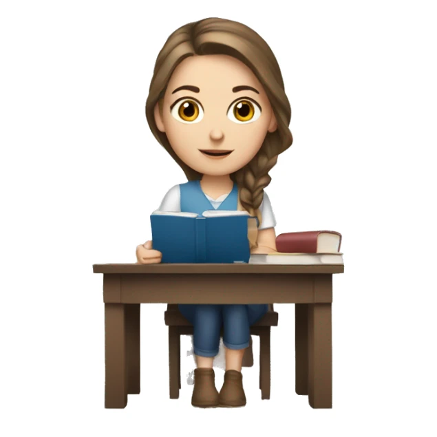 white girl studying at a desk, brown hair, blue eyes sticker