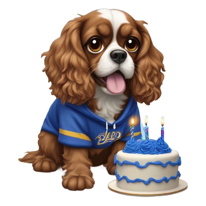 Cavalier wearing an Everton hoodie with a birthday cake sticker