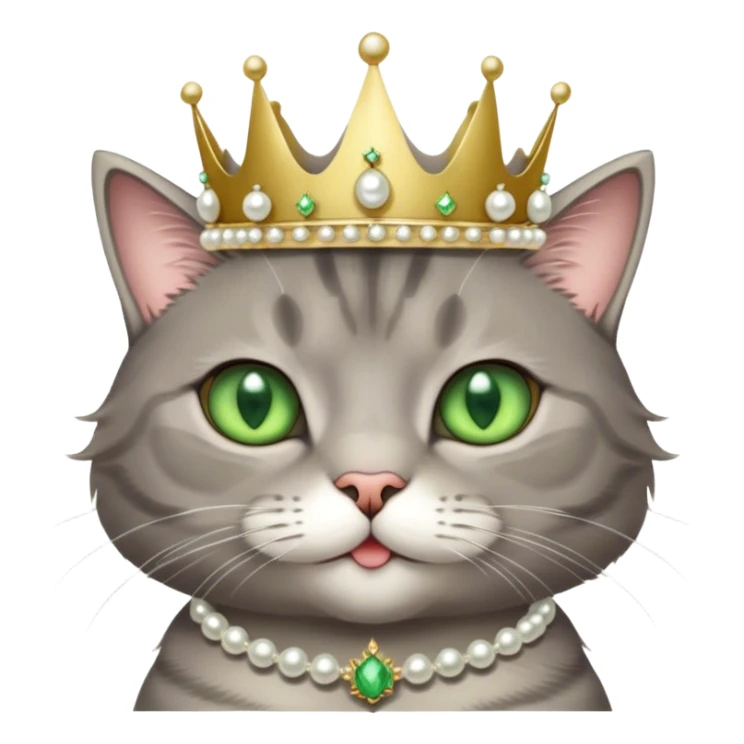 A cutesy fluffy, cool grey tabby cat with green eyes, white tummy, a simple pearl necklace and crown sticker
