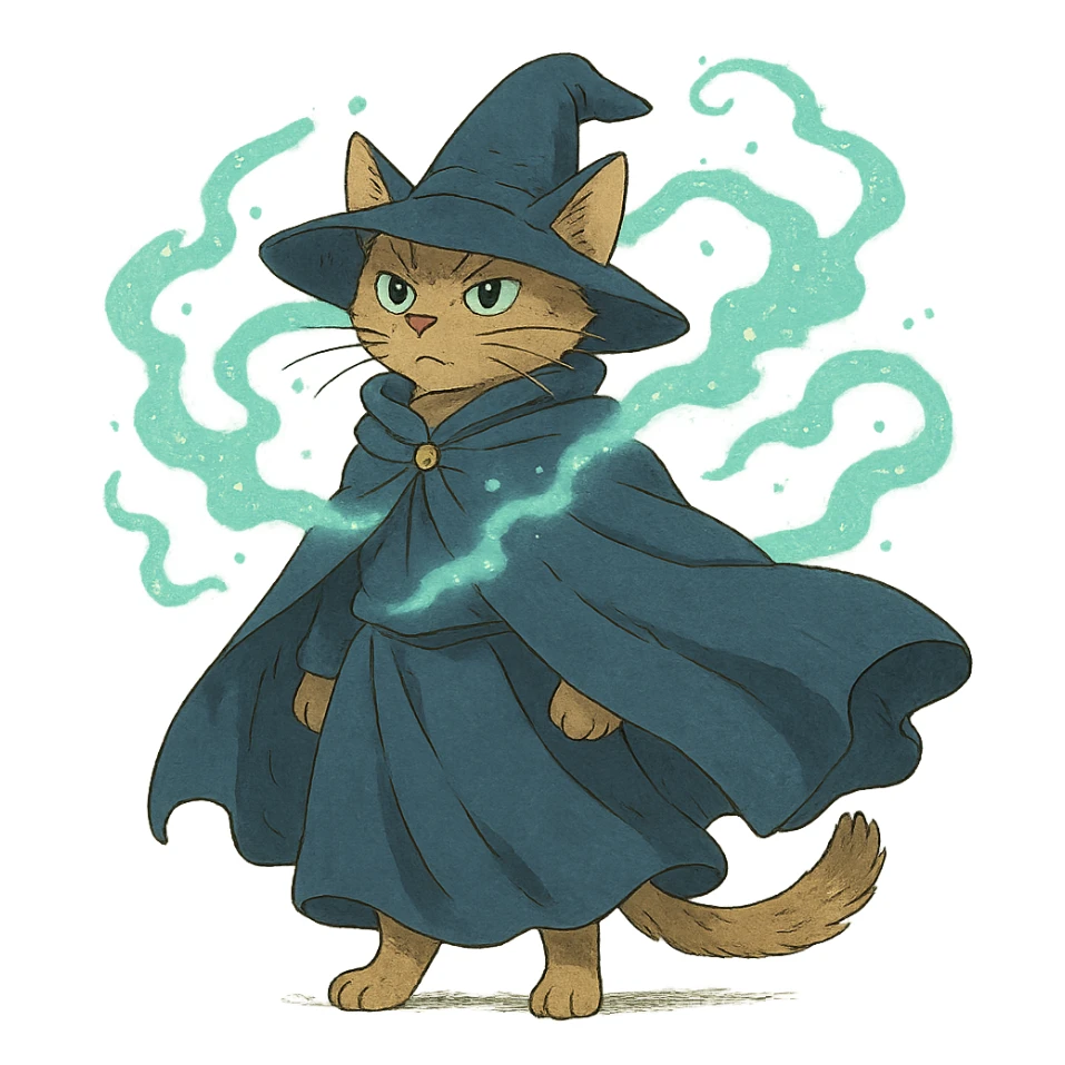 ghibli style wizard cat with a flowing cloak and magical aura sticker