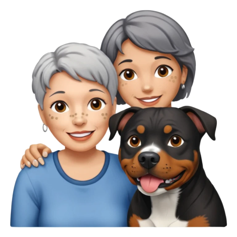 Pit bull Rottweiler mix with white muzzle and spots on muzzle next to older woman with really short grey hair sticker