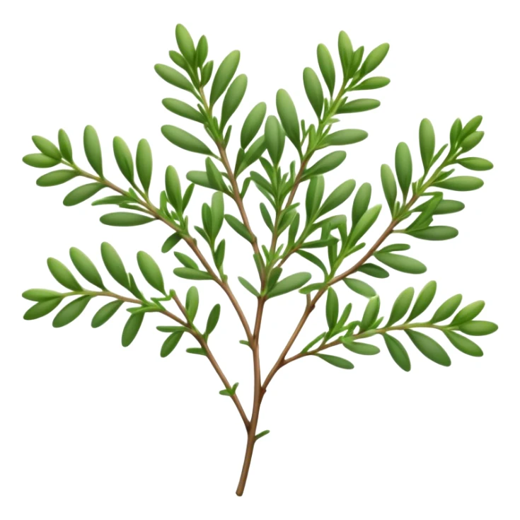 Cinematic Realistic Thyme Emoji, Compact and earthy, with tiny green leaves densely packed on delicate stems. The soft fragrance of the leaves fills the air, creating an atmosphere of warmth and subtle richness. Soft glowing outline, capturing the essence of simplicity and natural healing in a sprig of thyme! sticker