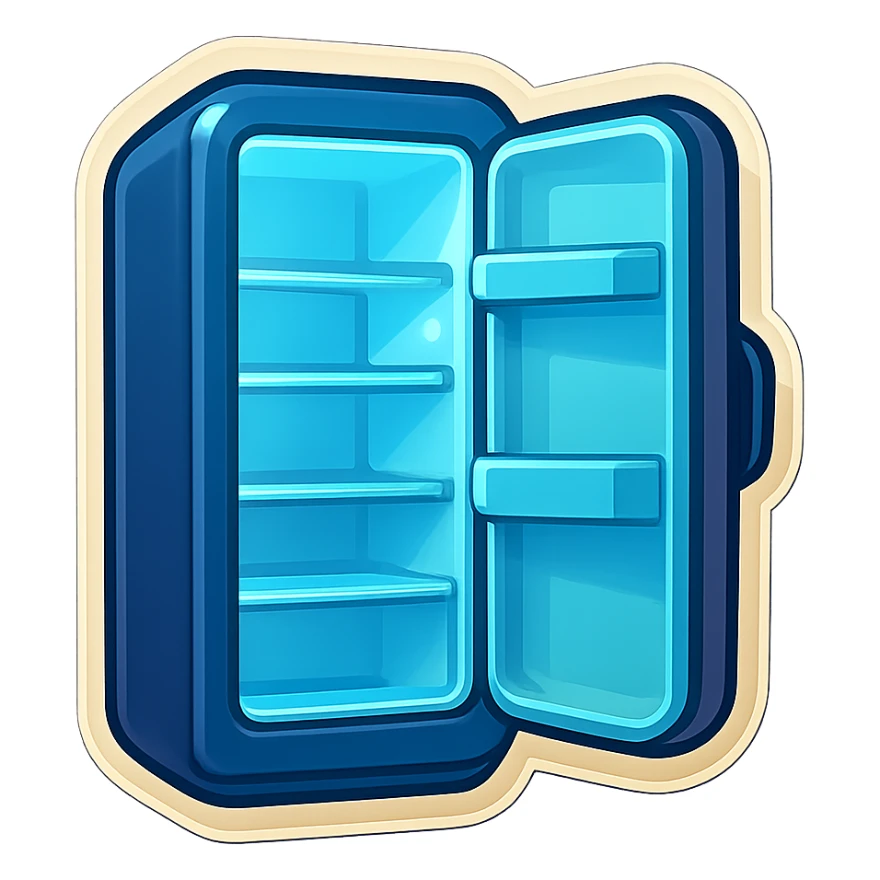 Open modern refrigerator with door slightly ajar, soft blue light glowing from inside, simple shelf shapes, no food details, rounded vector style, clean and minimal, sticker-like. sticker
