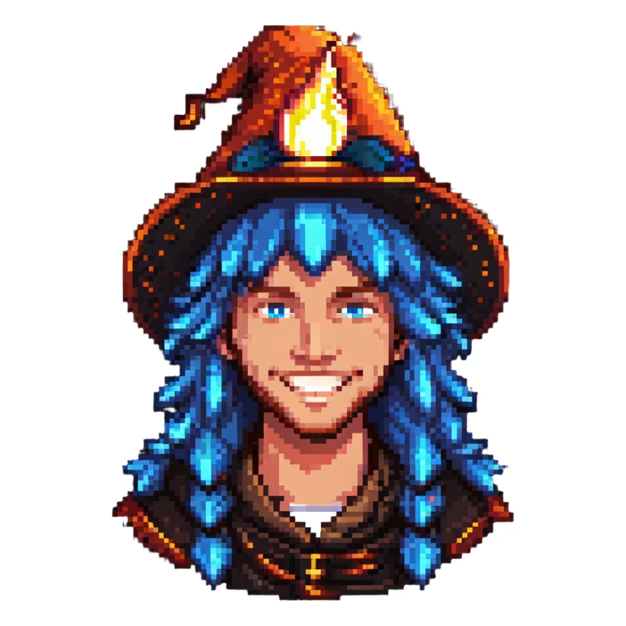 A cool guy with light skin, blue eyes, long hair, smiling, with a fire magic hat sticker