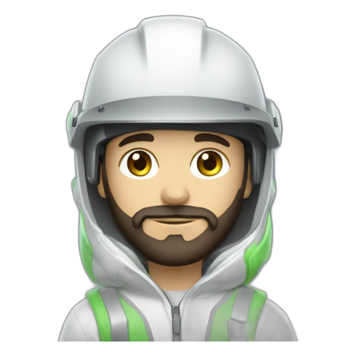 A young Mechanical engineer with a light black beard, a white helmet and a phosphorescent protection jacket sticker