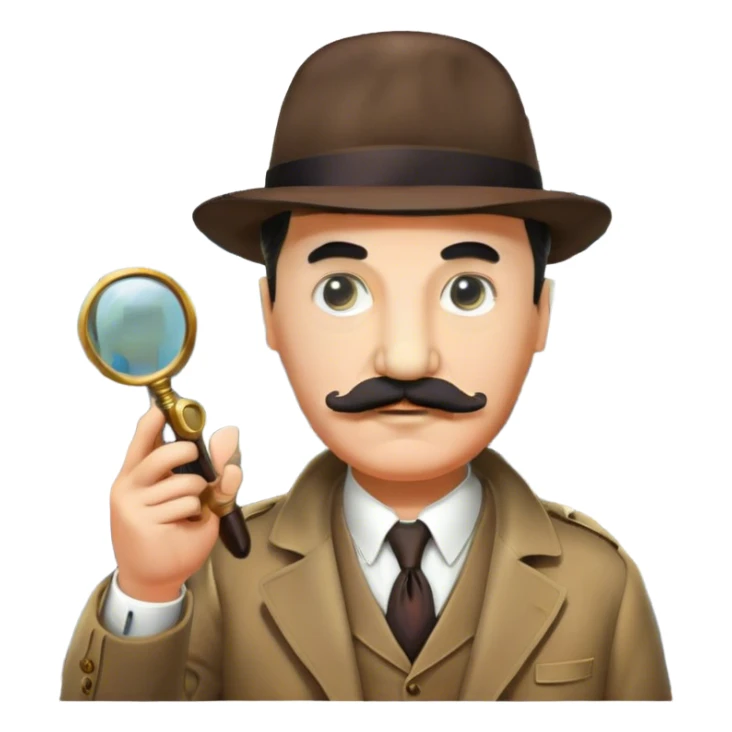 A colorful collage featuring Detective Poirot Detective Poirot with a long curling moustache, with a magnifying glass, revolver and a mysterious city backdrop. Include a board with photos of suspects, fingerprints, and a crime scene. Retro movie poster style. Transparent background. sticker