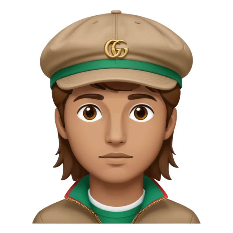 man with medium-length brown hair, wearing a Gucci cap sticker