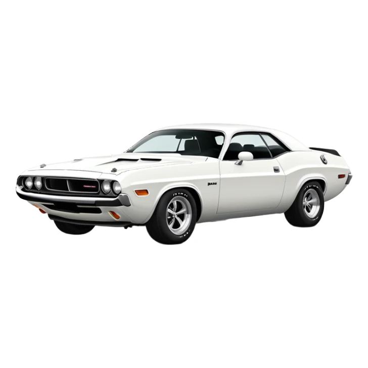 Pure white 1971 Dodge Challenger muscle car, completely white paint, no stripes, side angle view, minimalist Apple iOS emoji style, classic car from Death Proof movie sticker