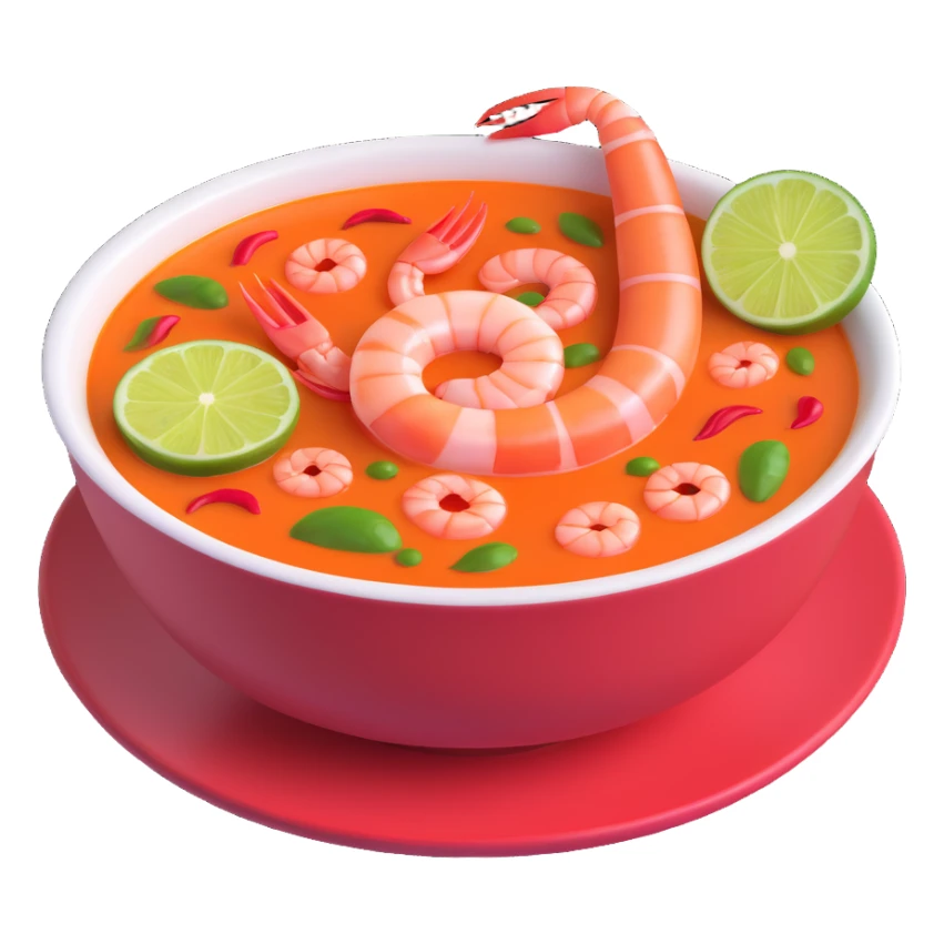 tom yum soup, 3D emoji style, glossy bowl with visible shrimp, chili, and lime, cute and inviting sticker