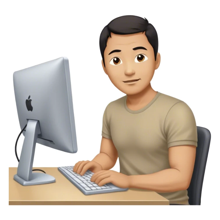 Asian male, 45, hacking away at a computer, a bit tired, a bit exhausted, but happy sticker