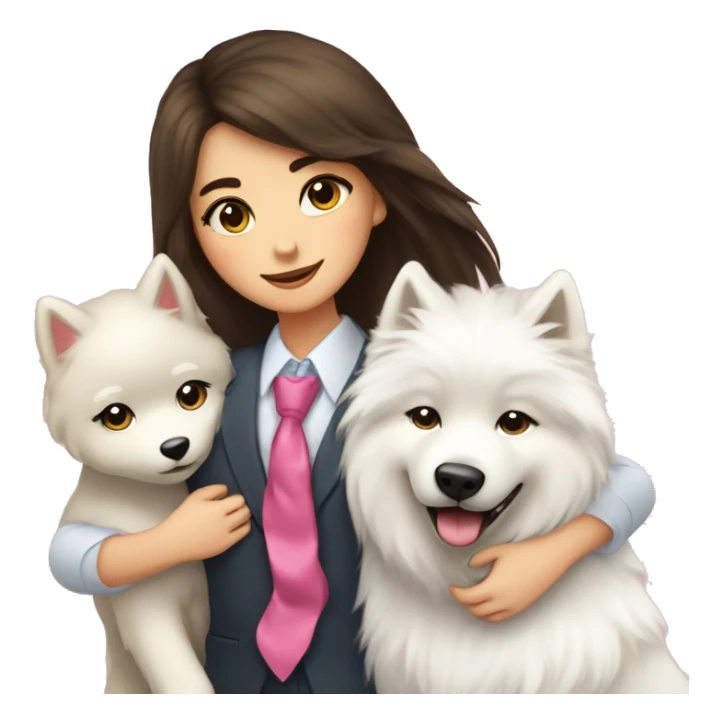 Brunette pale girl hugging a Samoyed with a tie and another Samoyed with a pink bow sticker