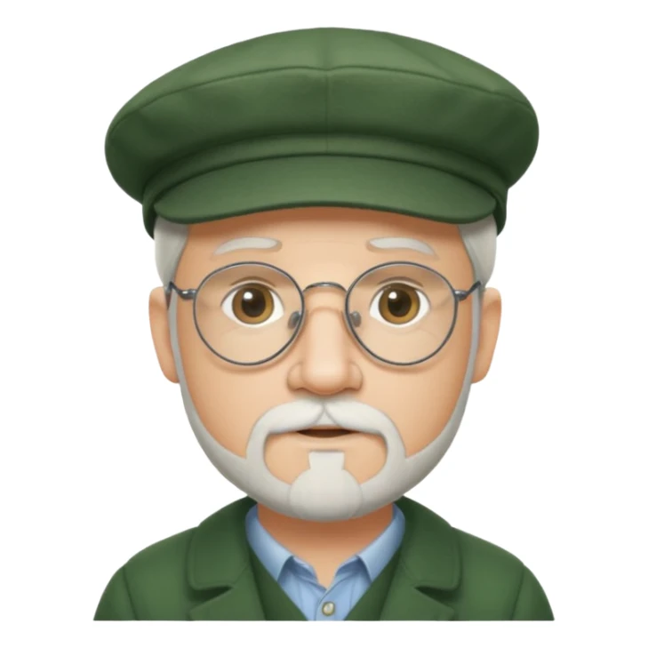 Older cute white male, Irish flat cap, wire rim glasses, goatee sticker