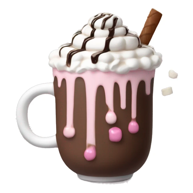 hot chocolate with mug and whip cream and chocolate drizzle and pale pink strawberry and marshmellows sticker