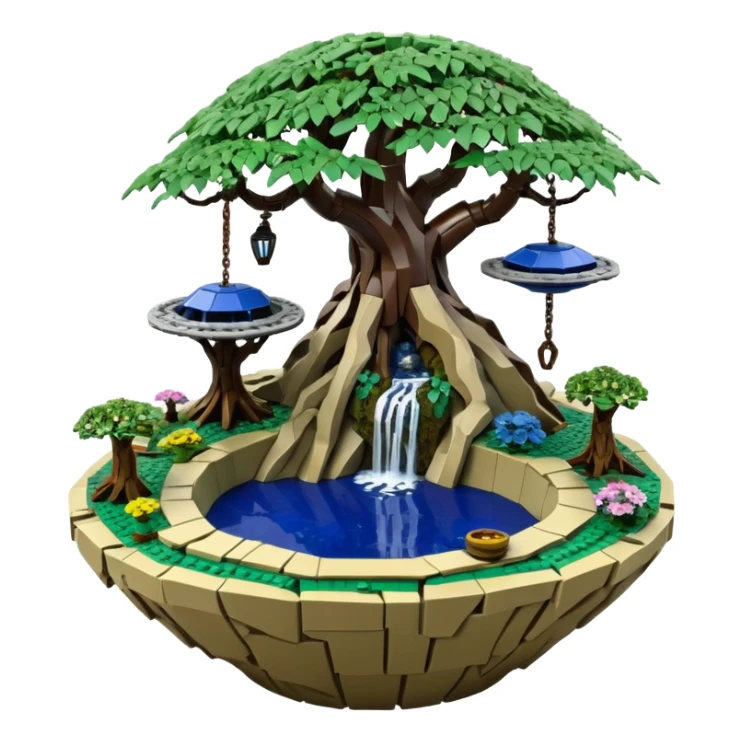 Alien Lego saucer hanging jungle-vines mountain-island landscape antique mudman very old broken cracked intricate Stone Age rocky-crusted irregular dodecagon-shaped shallow dark moss rough bark blue willow flowered maple tree bonsai pot sticker