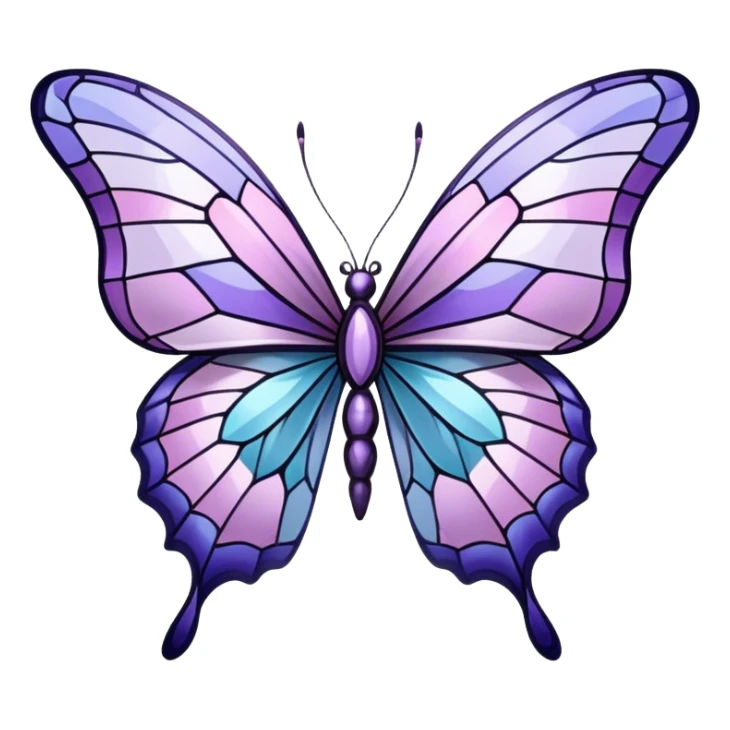 a stunningly detailed butterfly with lilac and ice-purple wings, adorned with an elegant mosaic-like pattern resembling stained glass. The wings should display a harmonious blend of swirling and geometric designs, giving them a mystical and artistic feel. The butterfly should have a graceful, elongated body with a subtle metallic sheen, enhancing its enchanting presence. sticker