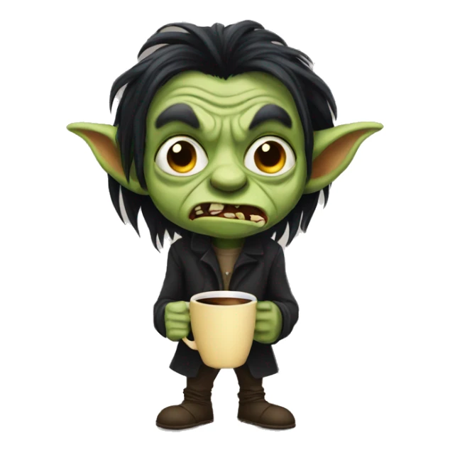 ugly goblin with big nose long black hair holding coffee sticker