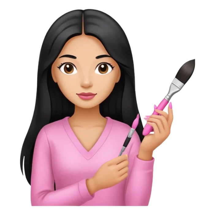 Pink Nail Tech with black long hair holding small acrylic brush sticker