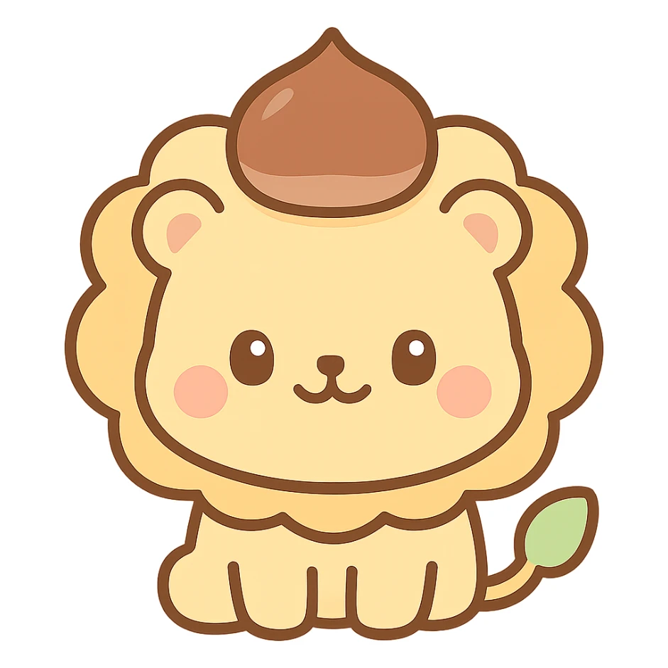 kawaii lion with a chestnut as a hat, round and chubby face, soft color palette, chibi style, warm friendly smile sticker