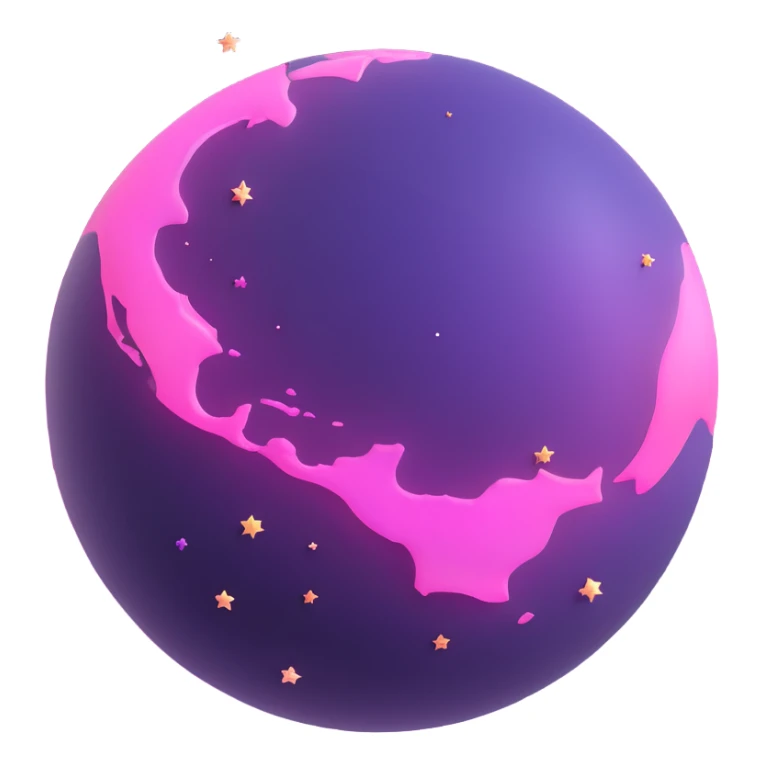 a purple planet glowing pink with tiny stars around it, 3D cartoon style sticker