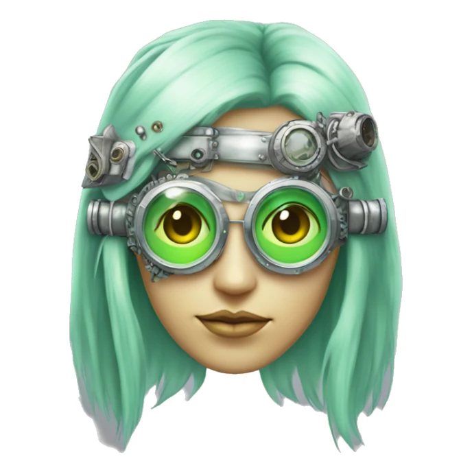 Pastel green long haired female cyborg head with silver steampunk goggles sticker
