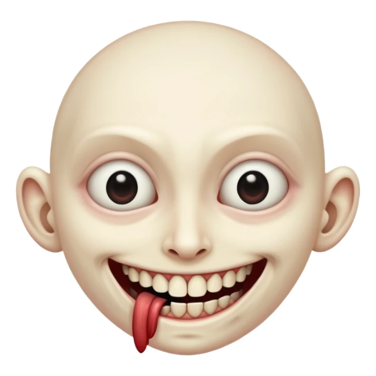Pale emoji with completely vertical slit eyes, huge creepy grin from ear to ear, scary sticker