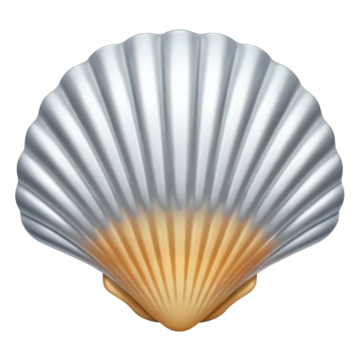 A seashell emoji made of polished silver chrome, smooth curved surface, reflective metallic highlights, elegant minimal design, iOS emoji style, centered, clean white background, soft lighting sticker