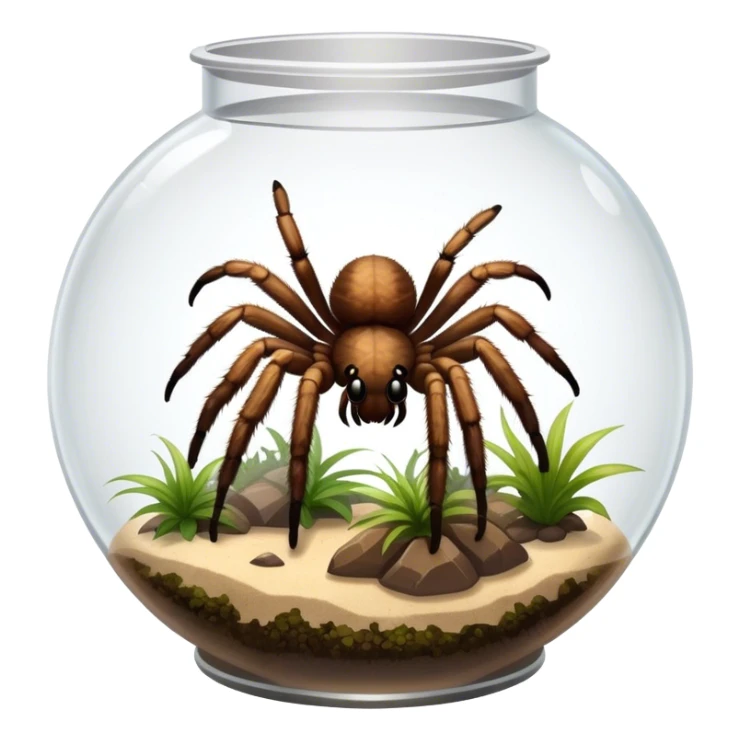 Close-up collage of a pet spider like tarantula, inside a large terrarium. Soft natural lighting highlights their textures and details. Transparent background sticker