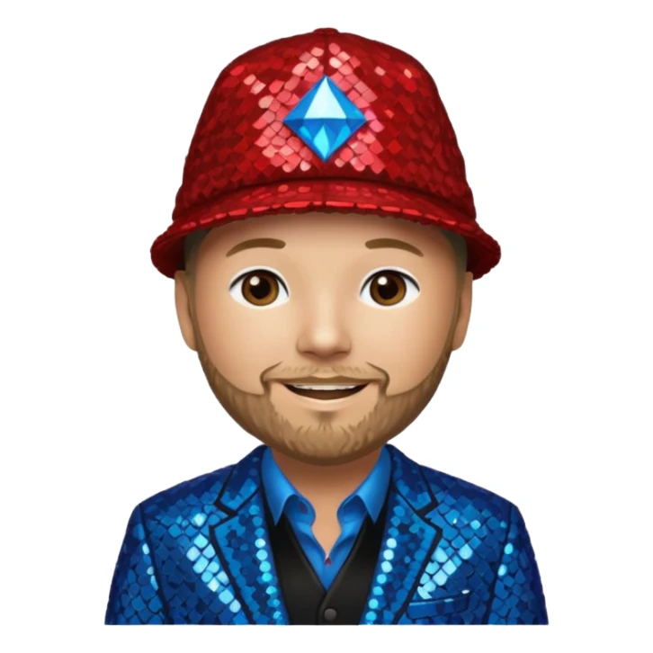 Fred Durst with sequin cream suit jacket with black shirt, red sequin hat, blue eyes, dark blonde hair sticker