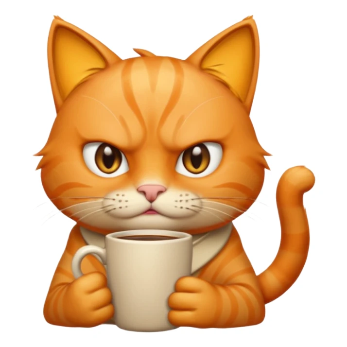 Orange cat, angry, holding coffee mug sticker
