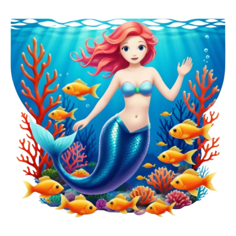 The most incredibly beautiful mermaid swimming underwater, with realistic bright, vividly colored fish, pretty realistic detailed coral, still life highly detailed 2D design sticker