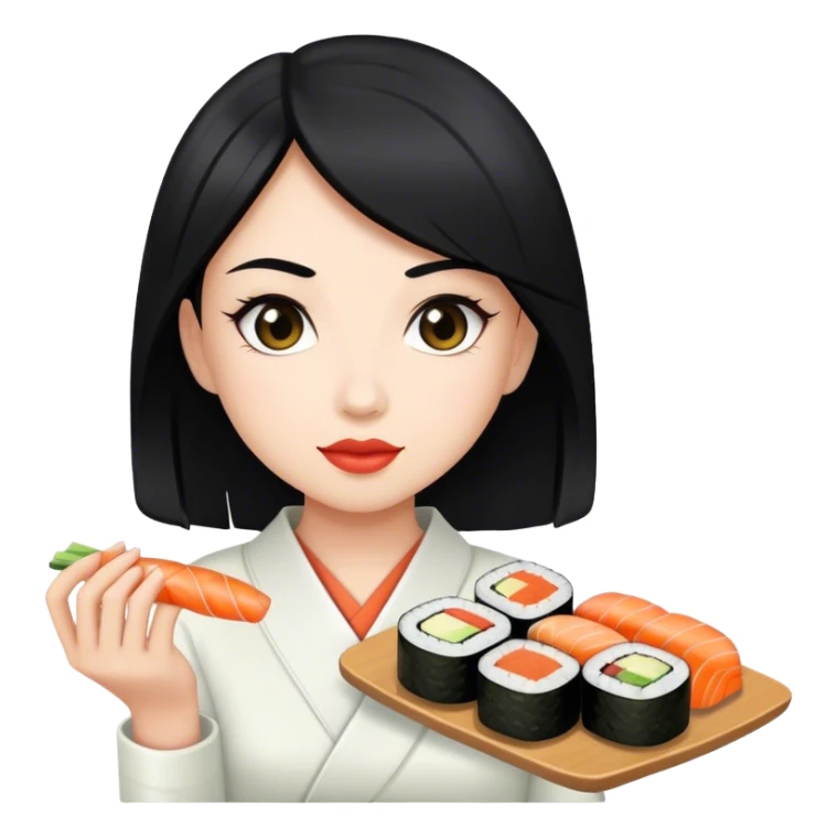 Girl with black hair and light skin holding sushi sticker