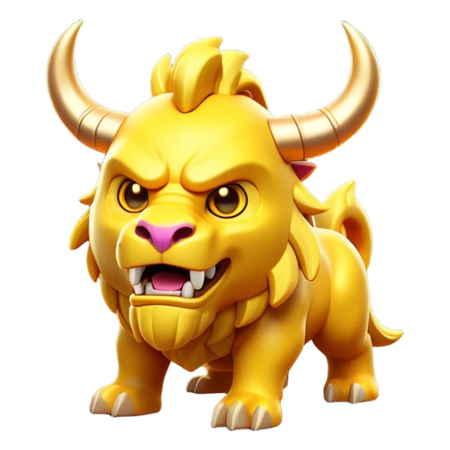 Clash of Clans aesthetic: Cinematic Playful Beast Emoji, rendered in a 3D vector-style similar to standard emojis with minimal shading and bold, simplified shapes. A compact, isometric mythical creature with wild, majestic features and fierce yet endearing eyes, softly glowing with a primal enchanted charm. Simplified yet unmistakably iconic, highly detailed and consistent, glowing with a soft radiant shine and high polish. Stylized with a touch of mythical wildness and a soft glowing outline, capturing the essence of a legendary beast with a friendly, playful allure! sticker
