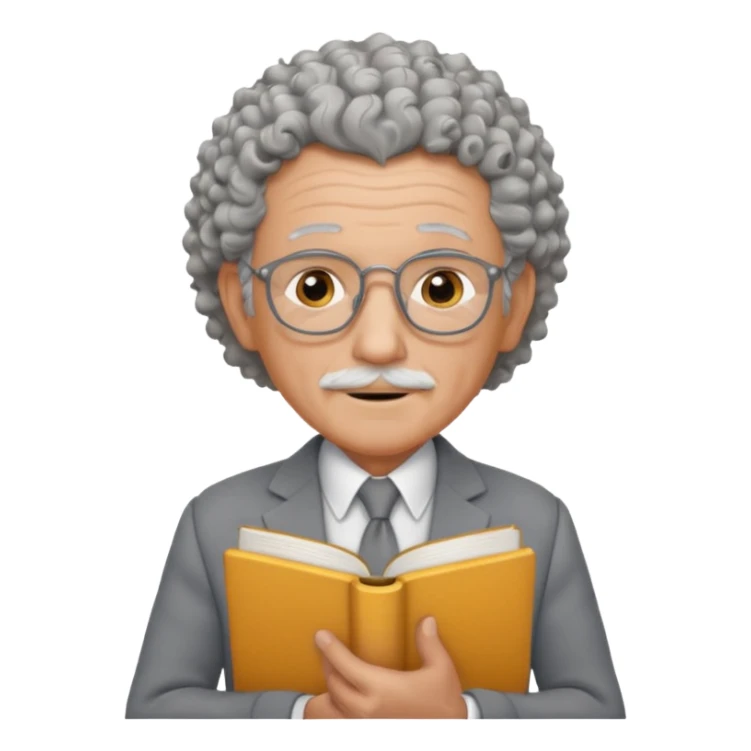 elderly male, curly hair, holding book, wearing gray suit sticker