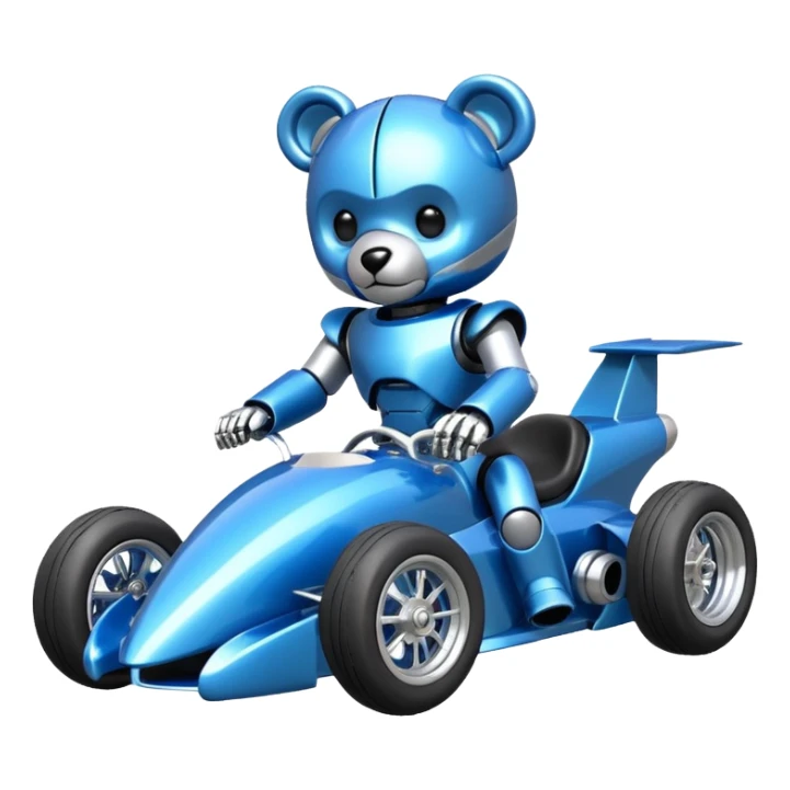 Metallic blue and lightly chrome-accented  kid-sized race car for scary robot teddy bear with custom aero body and rear wing and motorcycle-sized wheels  sticker