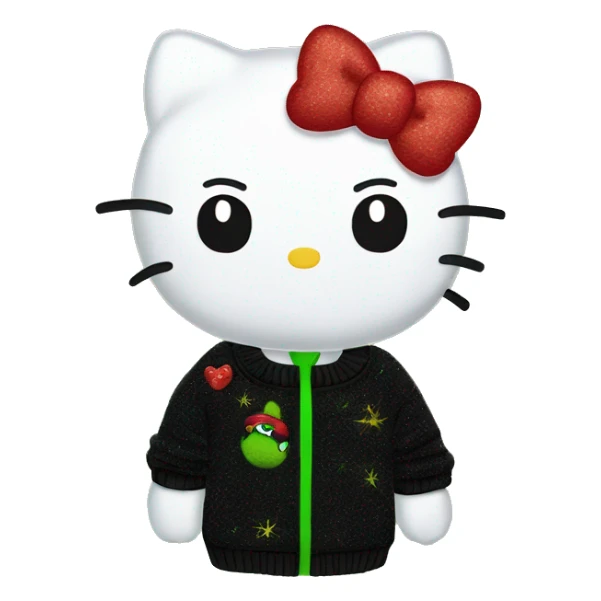 Hello kitty wearing black sweater with a glittery grinch embroidered on the sweater sticker